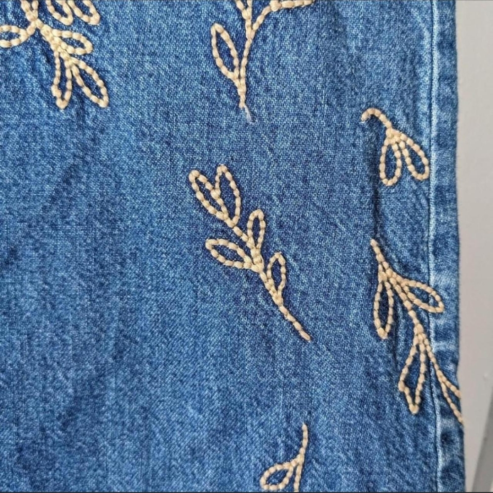 Vintage Crazy Horse Embroidered Denim Maxi Skirt Blue And Beige Leaf Print 14 - Picture 5 of 6